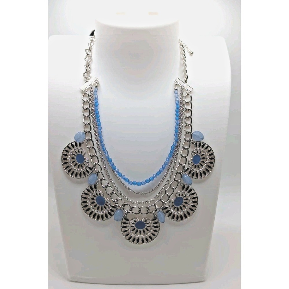 Taramanda Silver Tone Layered Bib Necklace Blue 20" + Extender NWT